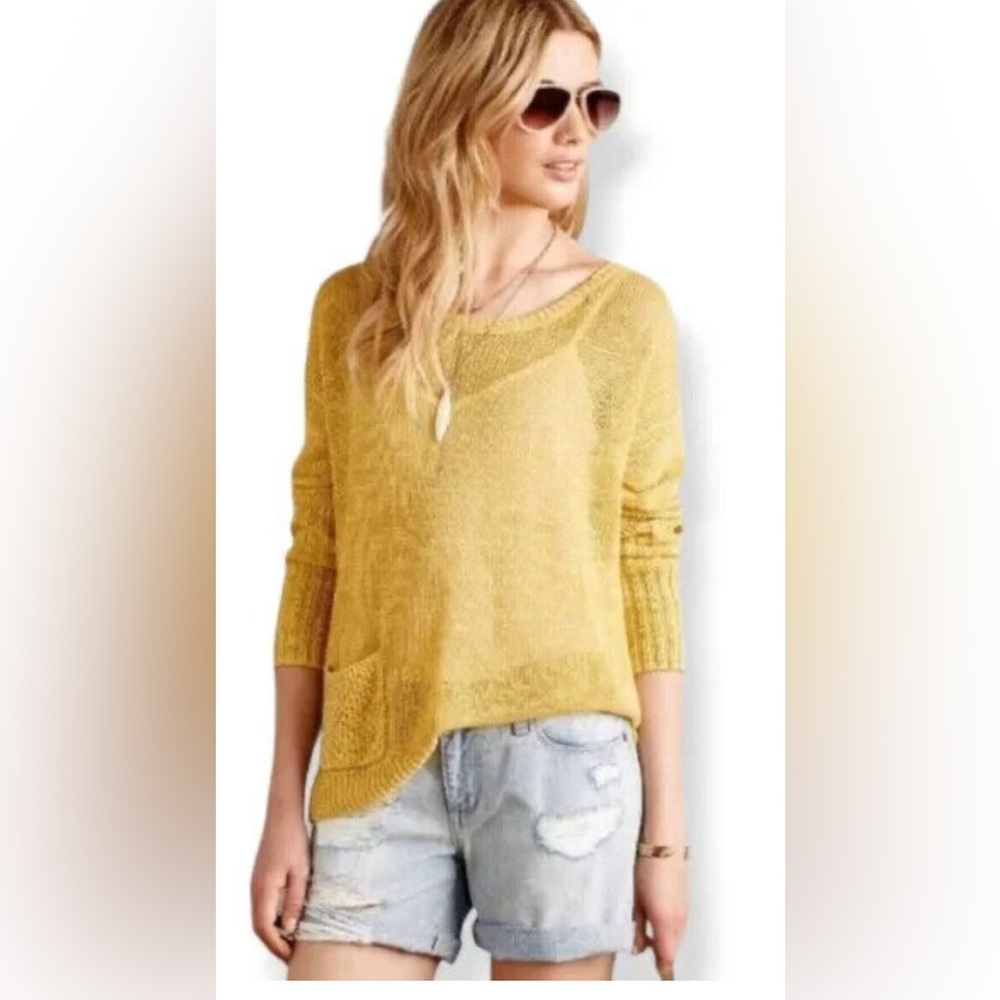 Cynthia Rowley Yellow Fitted 3/4 Sleeve Crew Neck Sweater